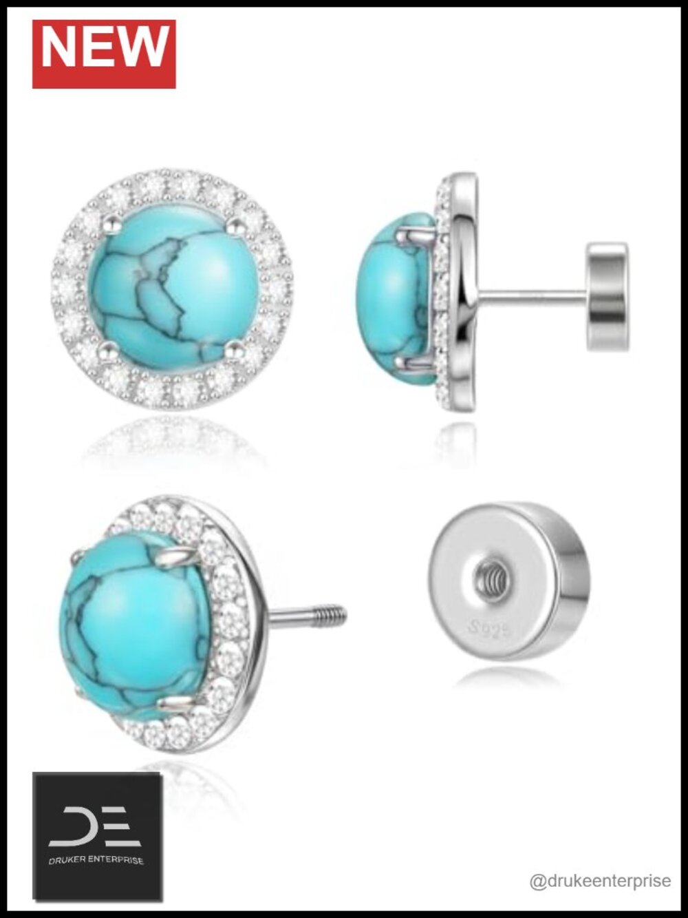 18K White Gold Plated Turquoise Halo Stud Earrings Sterling Silver